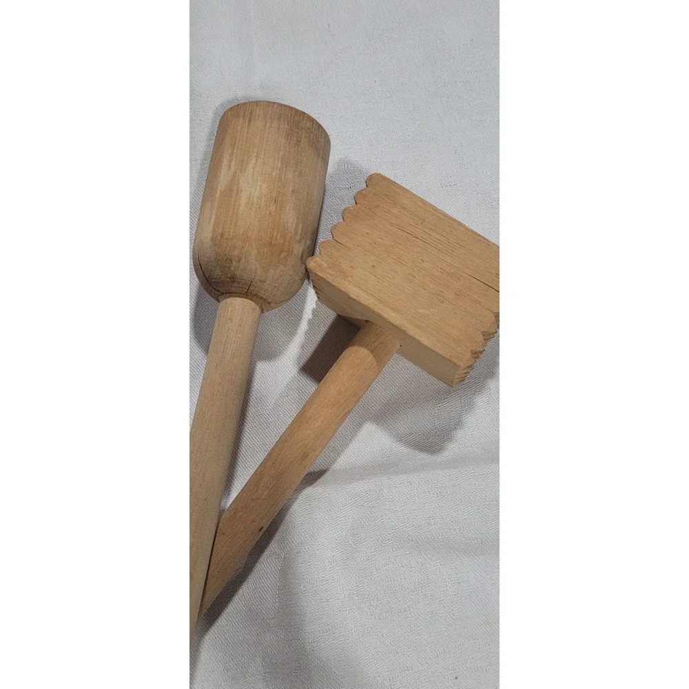 2 Vtg Kitchen Wooden Masher & Tenderizer